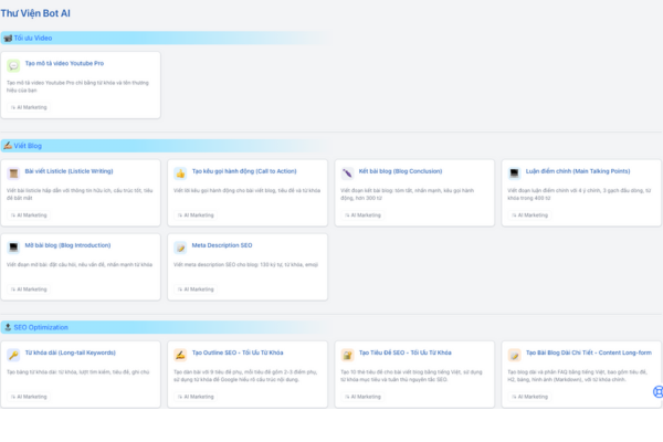 AI168 Dashboard hiển thị các mẫu content AI